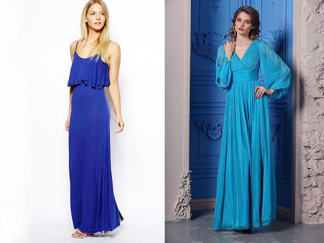 床に青いドレスを着る方法：ヒントと写真床に長い紺色のドレス